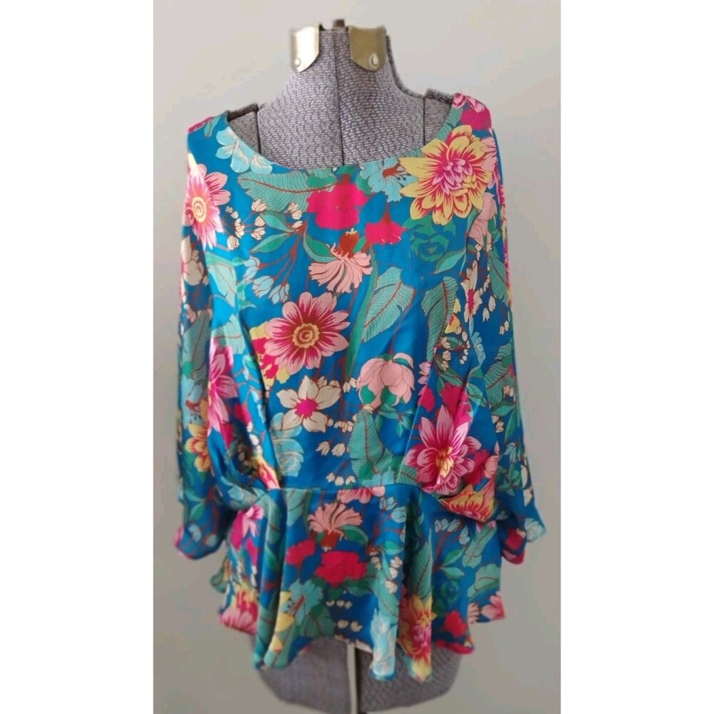 UMGEE Top Women’s Silky Bright Tropical Floral Kimono Sleeve Silky Peplum M EC